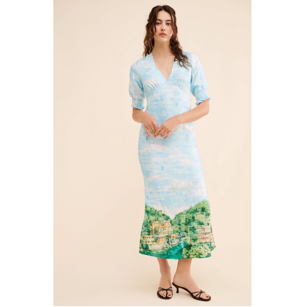 Anthropologie x Never Fully Dressed Scenery May Midi Dress Blue V-Neck US 6